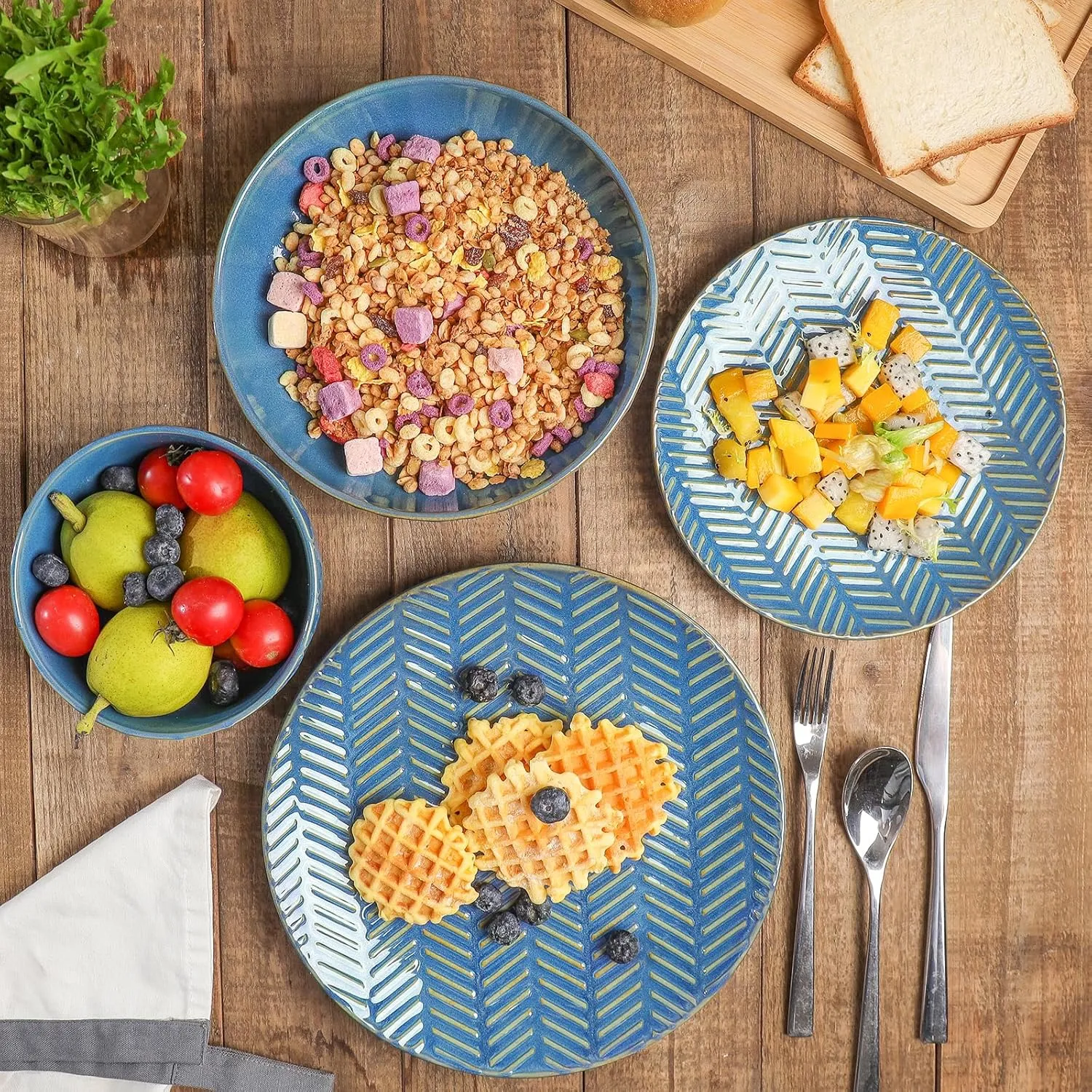 Sureasy Ceramic Dinnerware Set for 4-16 Pieces Embossed Plates and Bowls Sets, Scratch Resistant Dish Set, Microwave, Oven & Dishwasher Safe, Blue