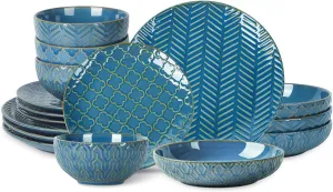 Sureasy Ceramic Dinnerware Set for 4-16 Pieces Embossed Plates and Bowls Sets, Scratch Resistant Dish Set, Microwave, Oven & Dishwasher Safe, Blue