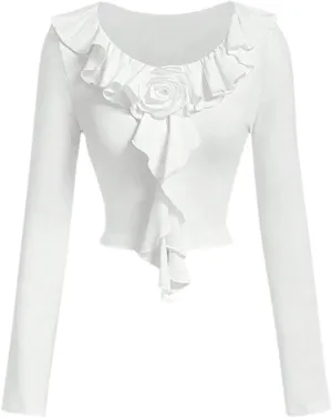 SweatyRocks Women's Casual Long Sleeve Crop Tops 3D Floral Frill Edge Slim Fit T Shirt