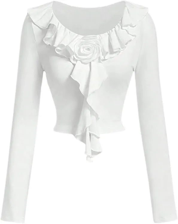 SweatyRocks Women's Casual Long Sleeve Crop Tops 3D Floral Frill Edge Slim Fit T Shirt