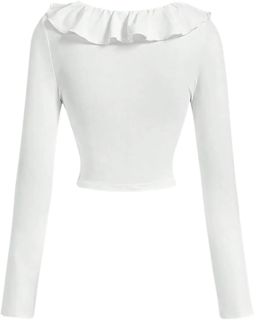 SweatyRocks Women's Casual Long Sleeve Crop Tops 3D Floral Frill Edge Slim Fit T Shirt