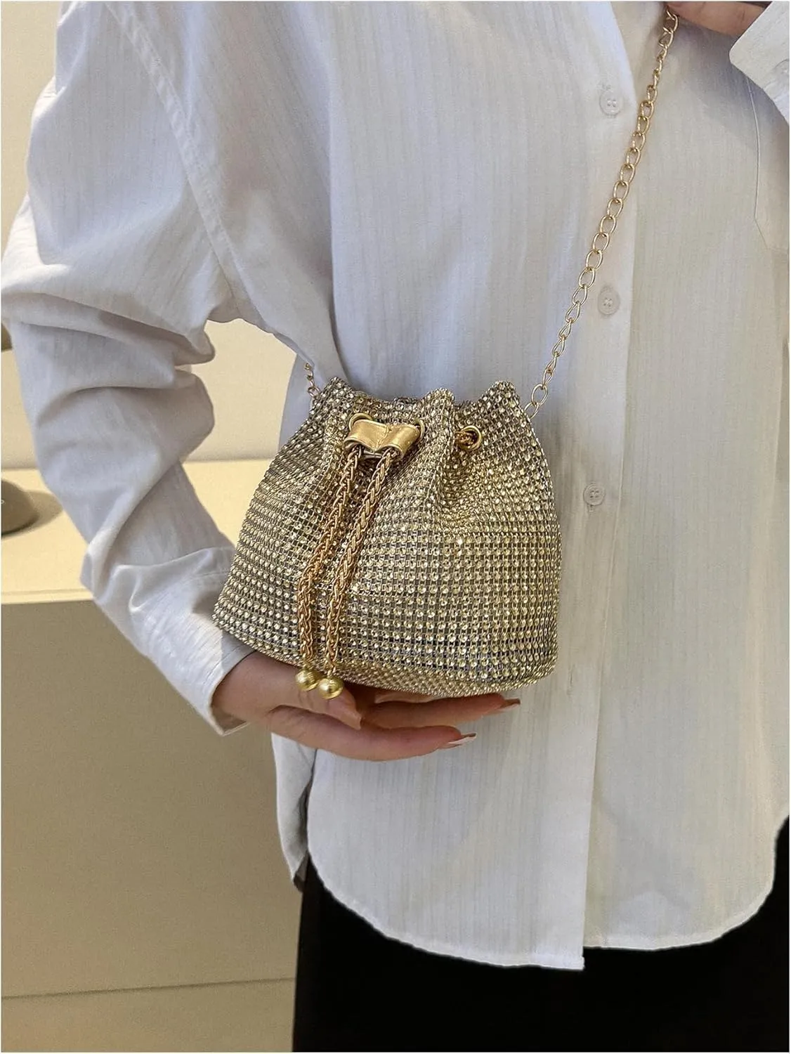 SweatyRocks Women's Rhinestone Glitter Evening Bag Sparkle Bags Bucket Purses Chain Strap Purse