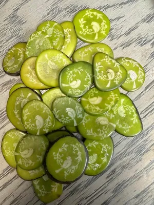 Tagua Nut Beads Laser Engraved Bird Bead 15 Tagua Slices Mix of Green 3.5x3.5 cm. Approx. Eco Sustainable Jewerly Making Woodwork Carving