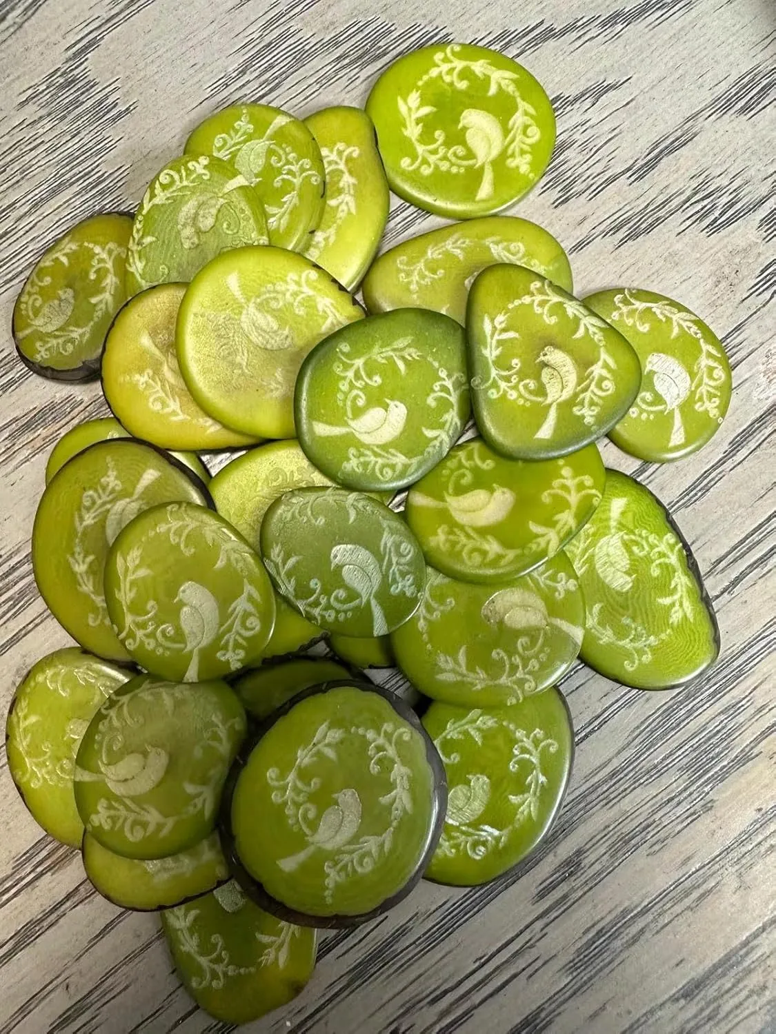 Tagua Nut Beads Laser Engraved Bird Bead 15 Tagua Slices Mix of Green 3.5x3.5 cm. Approx. Eco Sustainable Jewerly Making Woodwork Carving