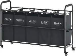 Tajsoon 5 Bag Laundry Sorter Cart, 5 Section Laundry Hamper with Heavy Duty Rolling Lockable Wheels, Laundry Basket Organizer with Removable Bags for Dirty Clothes Storage, Black