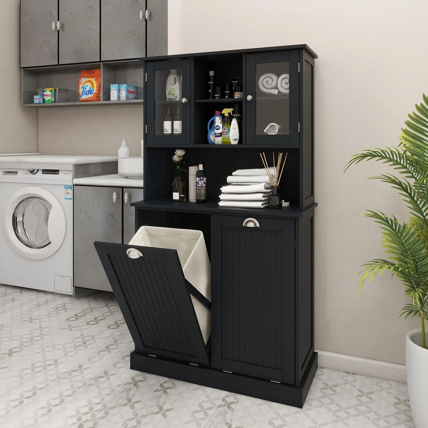 Tall Tilt Out Laundry Hamper Cabinet with 2 Removable Baskets, Laundry Room Cabinets and Storage Furniture with Hidden Laundry Hamper & Glass Doors for Bathroom, Laundry Room, Black