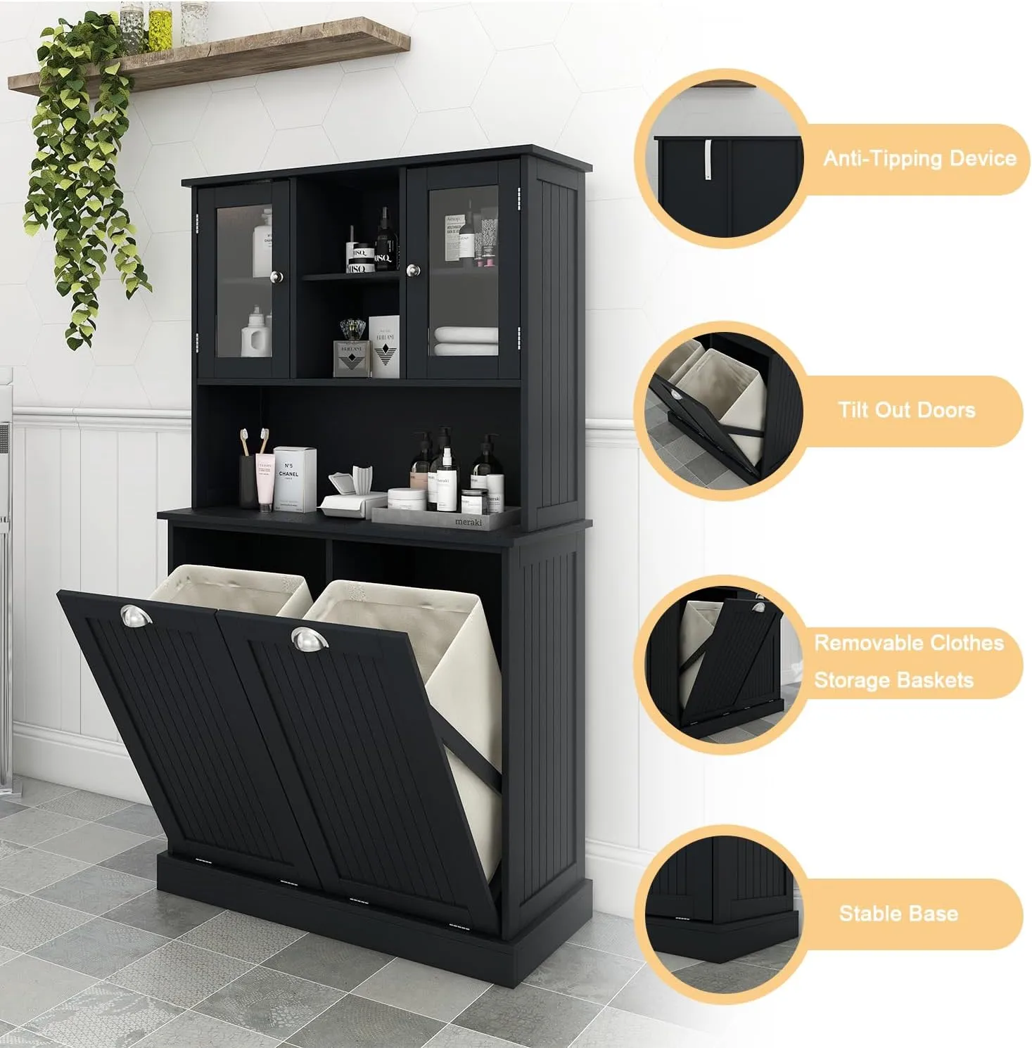 Tall Tilt Out Laundry Hamper Cabinet with 2 Removable Baskets, Laundry Room Cabinets and Storage Furniture with Hidden Laundry Hamper & Glass Doors for Bathroom, Laundry Room, Black