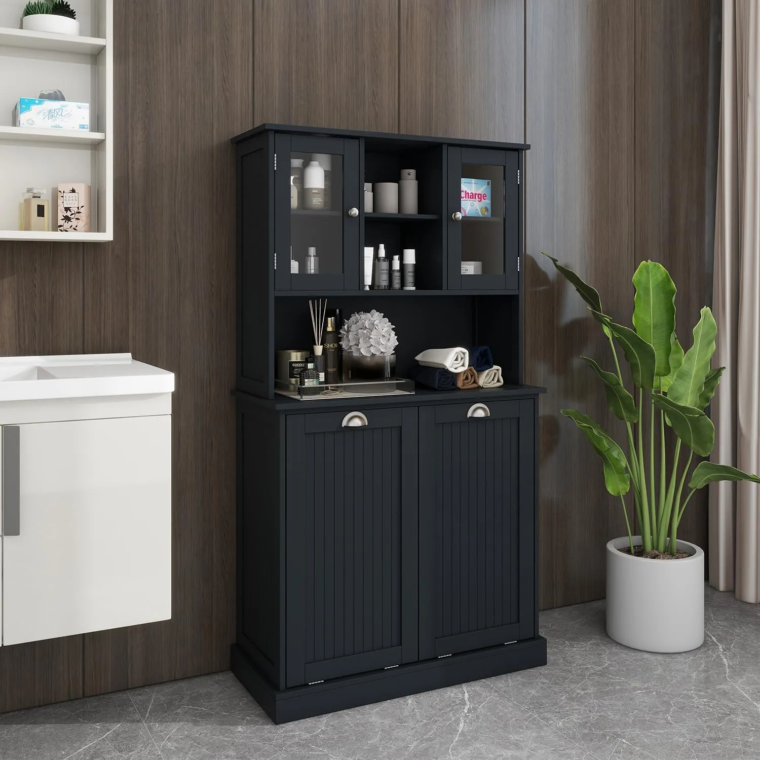 Tall Tilt Out Laundry Hamper Cabinet with 2 Removable Baskets, Laundry Room Cabinets and Storage Furniture with Hidden Laundry Hamper & Glass Doors for Bathroom, Laundry Room, Black