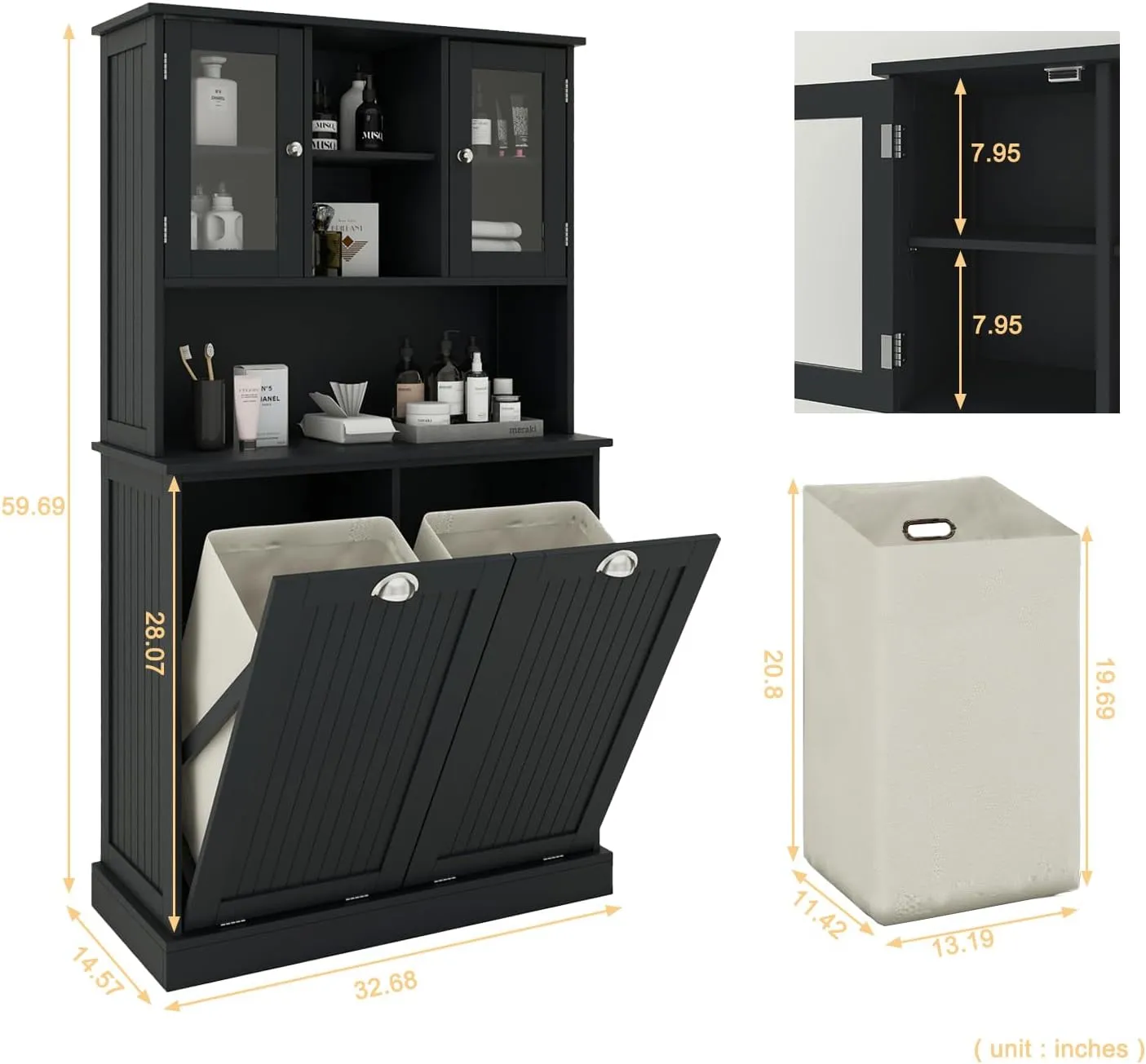 Tall Tilt Out Laundry Hamper Cabinet with 2 Removable Baskets, Laundry Room Cabinets and Storage Furniture with Hidden Laundry Hamper & Glass Doors for Bathroom, Laundry Room, Black