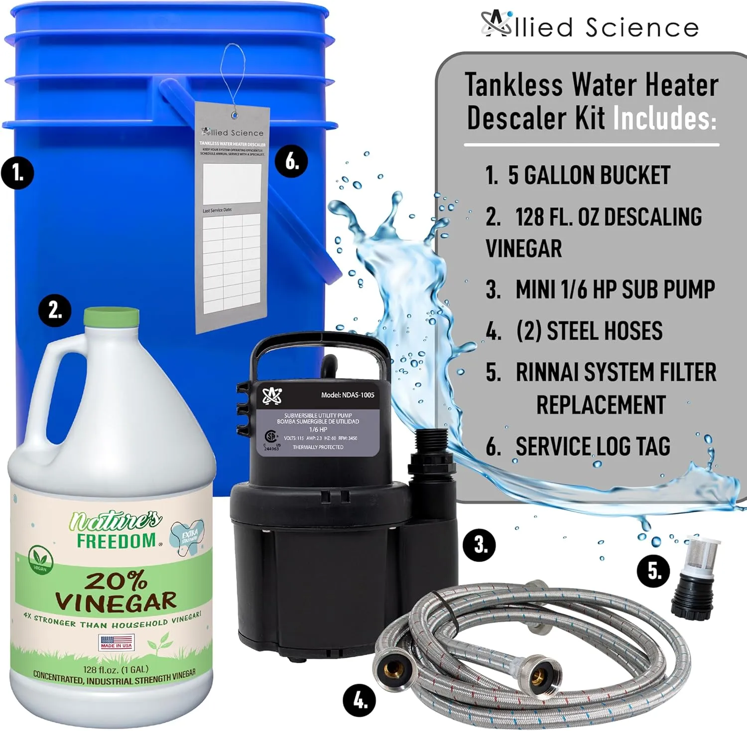 Tankless Water Heater Flushing Kit with Square 5-Gallon Bucket, Steel Hoses, 1/6 HP Pump, and Concentrated Vinegar