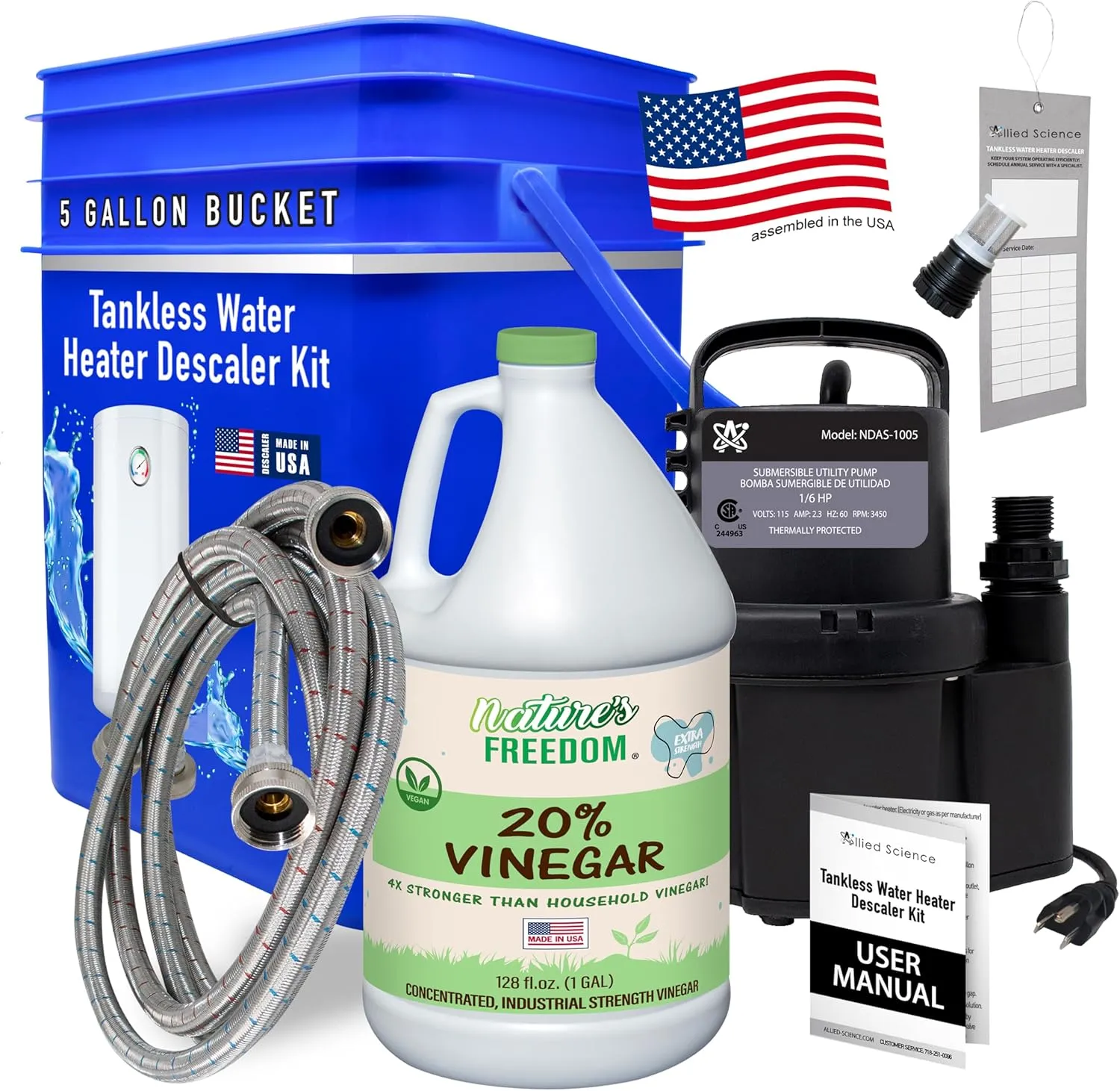 Tankless Water Heater Flushing Kit with Square 5-Gallon Bucket, Steel Hoses, 1/6 HP Pump, and Concentrated Vinegar