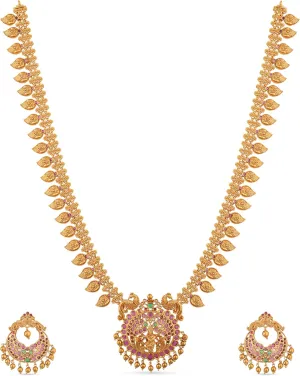 TARINIKA Antique Gold Plated Gita Long Necklace Set with Peacock Design - Indian Jewelry Sets for Women | Perfect for Ethnic Occasions | Traditional South Indian Necklace | 1 Year Warranty*
