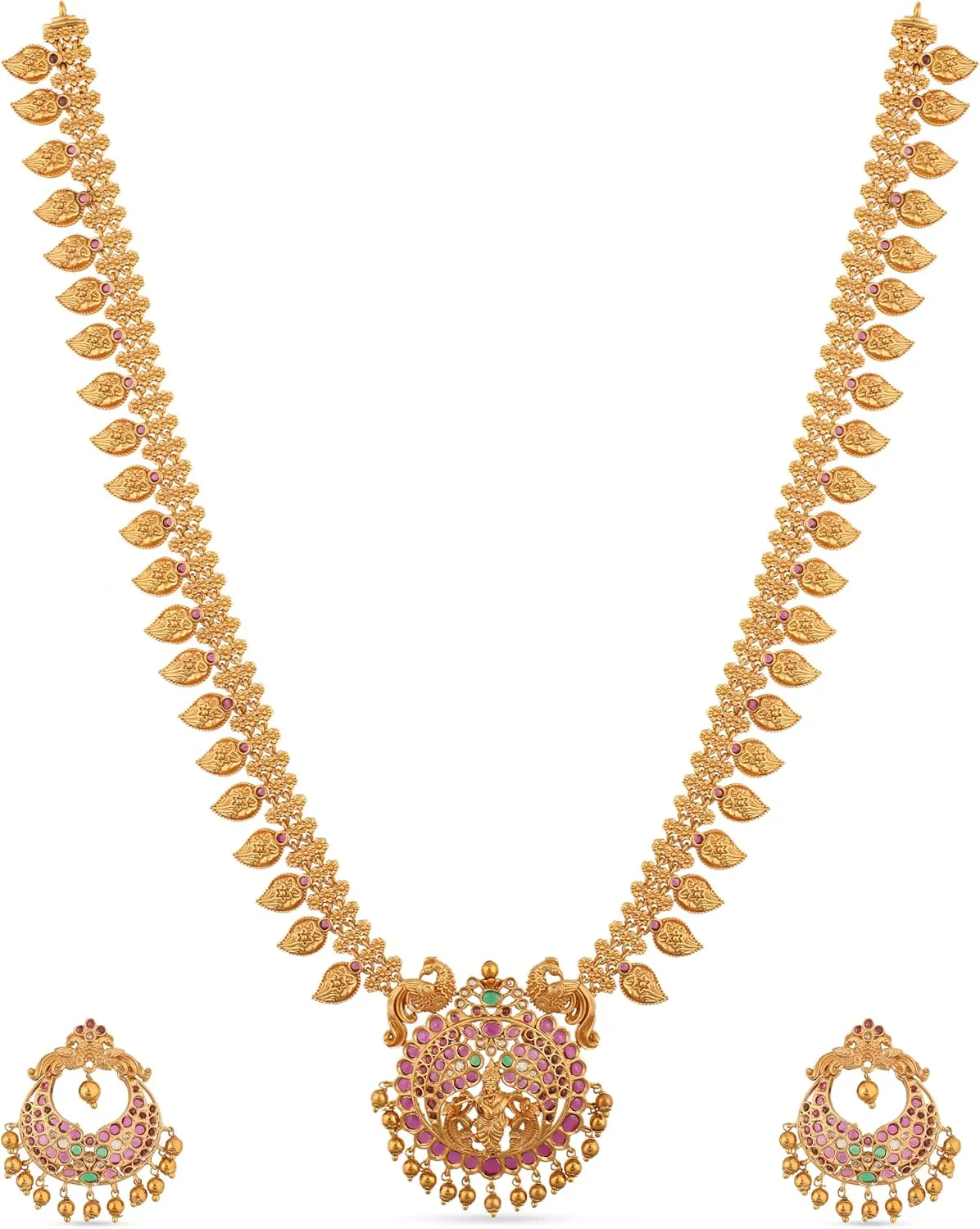 TARINIKA Antique Gold Plated Gita Long Necklace Set with Peacock Design - Indian Jewelry Sets for Women | Perfect for Ethnic Occasions | Traditional South Indian Necklace | 1 Year Warranty*