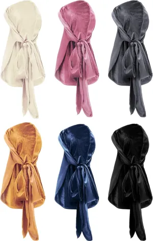 Tatuo 6 Pieces Velvet Durag for Men Stretchable Luxury Wave Cap with Long Tail and Wide Straps for Men Women