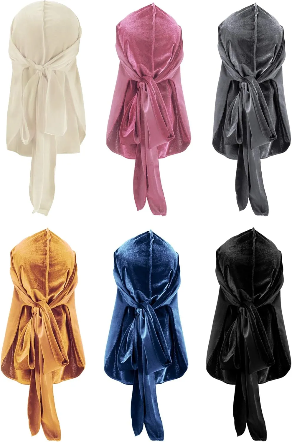 Tatuo 6 Pieces Velvet Durag for Men Stretchable Luxury Wave Cap with Long Tail and Wide Straps for Men Women