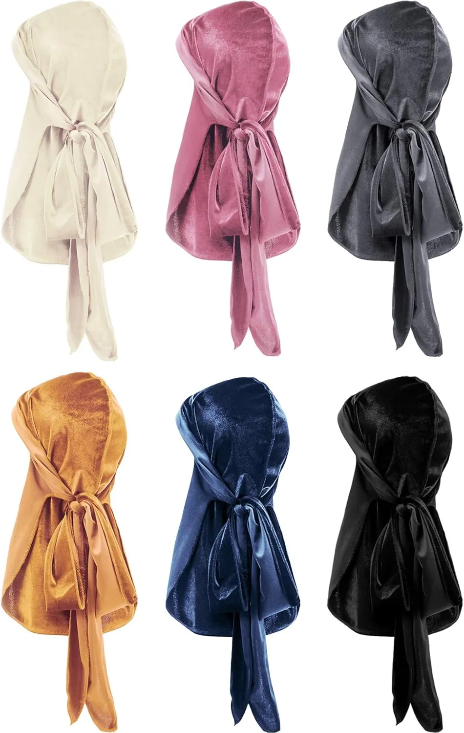 Tatuo 6 Pieces Velvet Durag for Men Stretchable Luxury Wave Cap with Long Tail and Wide Straps for Men Women