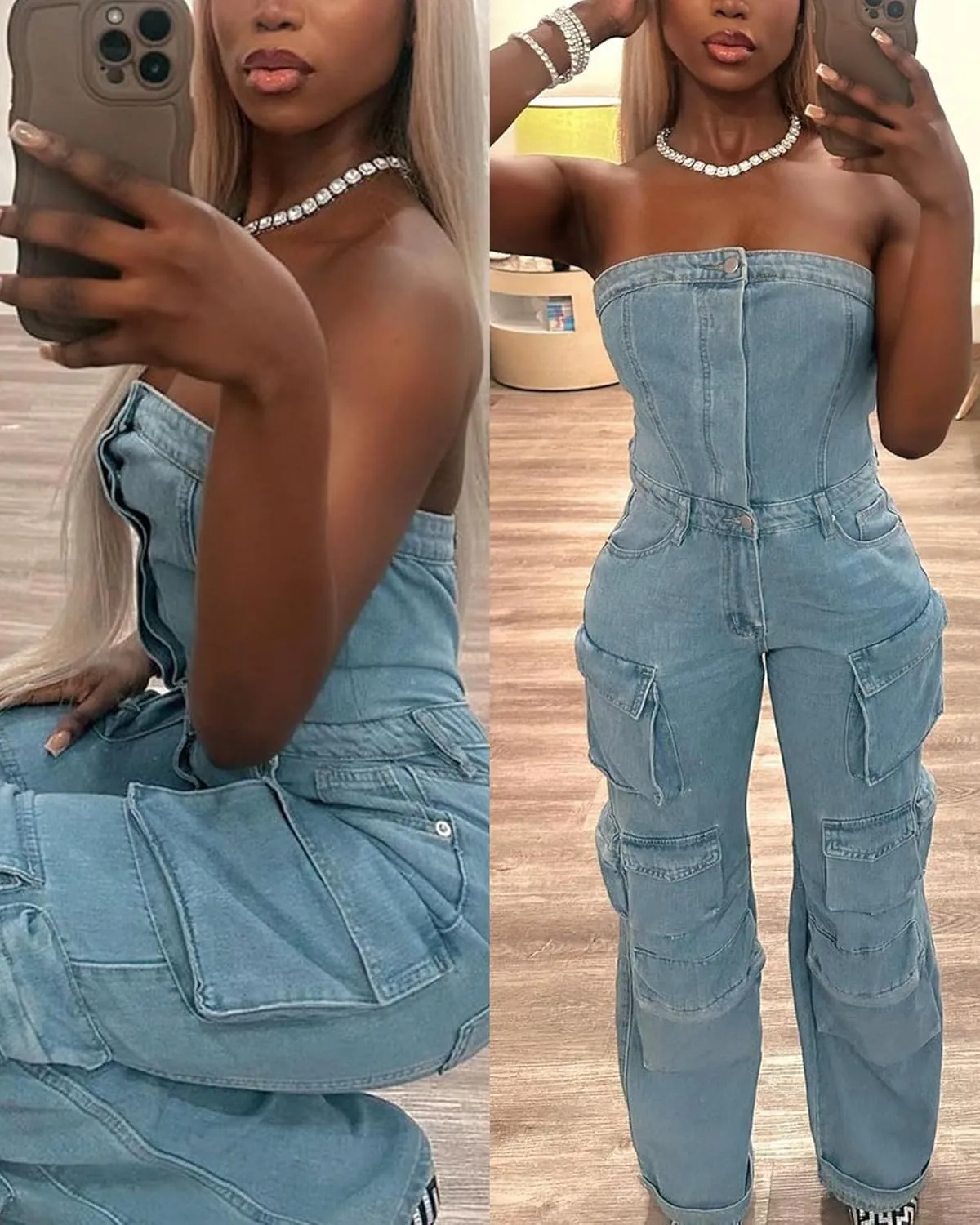 Tbahhir Women's Sexy Off Shoulder Tube Denim Cargo Jumpsuits Wide Leg Baggy Loose Jean Pants Rompers Overalls