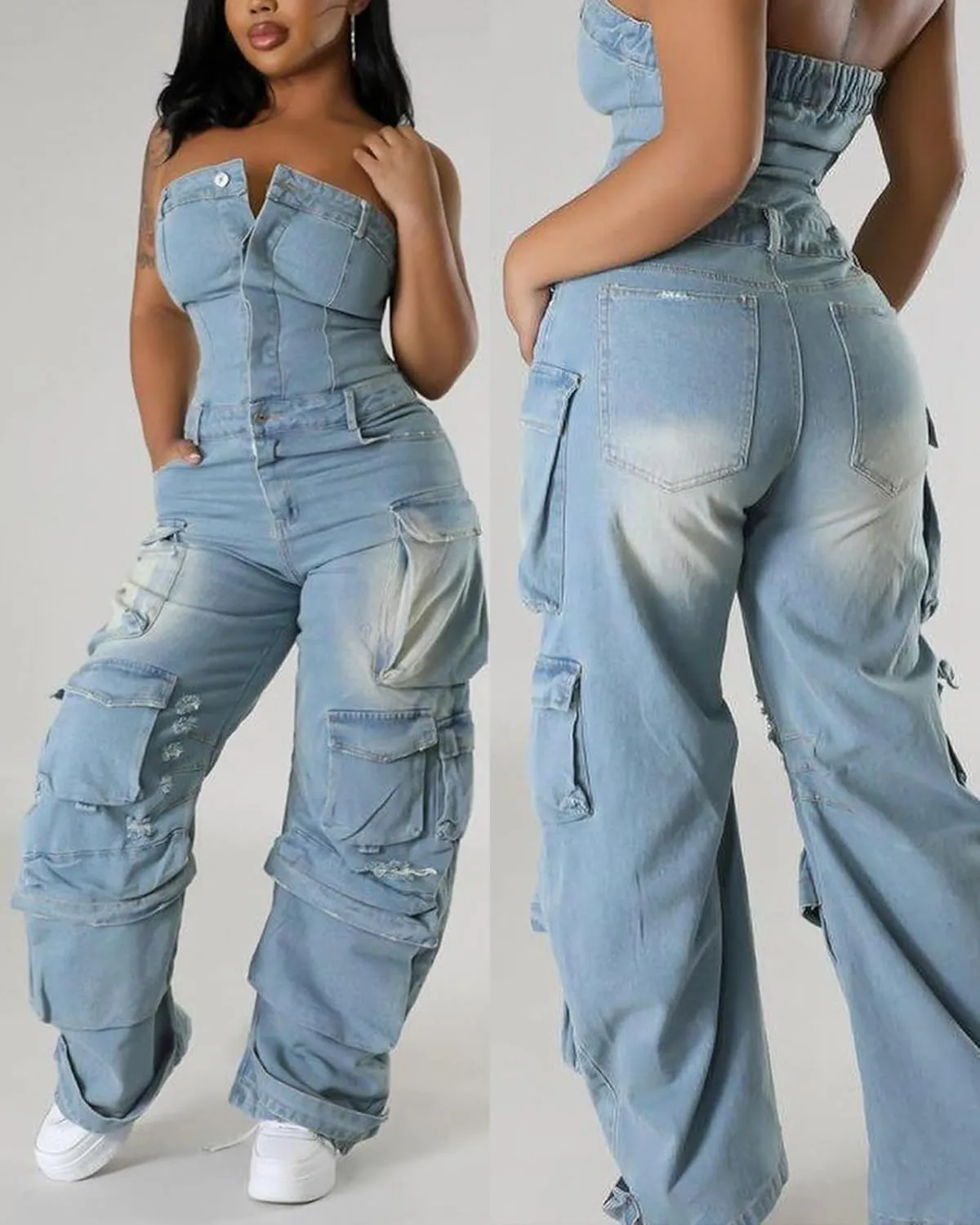 Tbahhir Women's Sexy Off Shoulder Tube Denim Cargo Jumpsuits Wide Leg Baggy Loose Jean Pants Rompers Overalls
