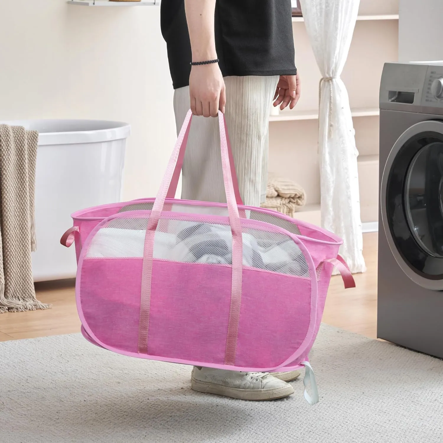 TECHMILLY Collapsible Laundry Basket, Foldable Tear Proof Mesh Pop Up Hamper with Reinforced Carry Handles for Laundry, Bathroom, Dorm or Travel (Pink, 2 Pack)