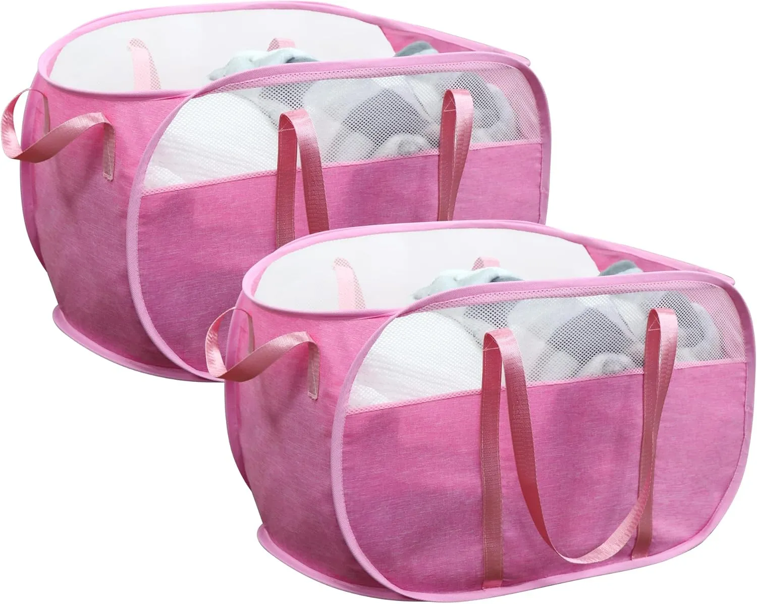 TECHMILLY Collapsible Laundry Basket, Foldable Tear Proof Mesh Pop Up Hamper with Reinforced Carry Handles for Laundry, Bathroom, Dorm or Travel (Pink, 2 Pack)