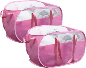 TECHMILLY Collapsible Laundry Basket, Foldable Tear Proof Mesh Pop Up Hamper with Reinforced Carry Handles for Laundry, Bathroom, Dorm or Travel (Pink, 2 Pack)