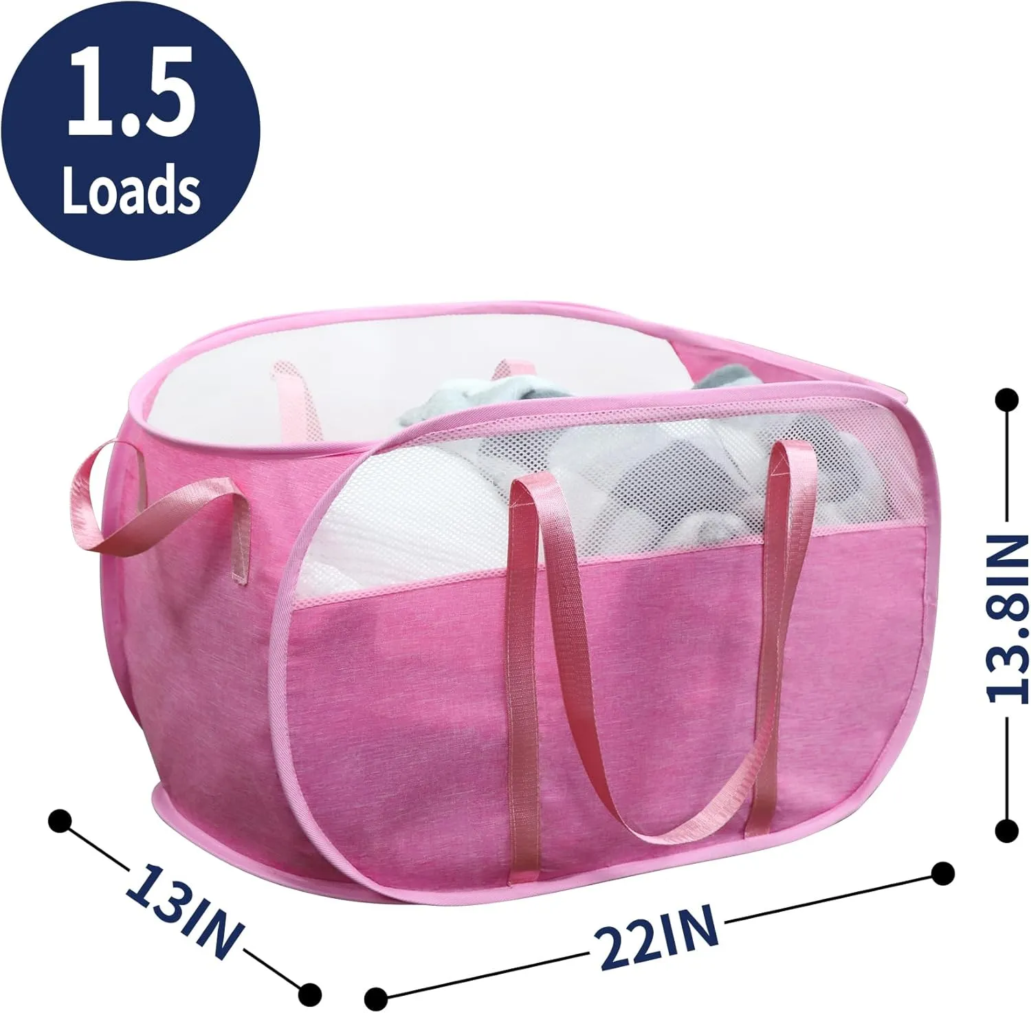TECHMILLY Collapsible Laundry Basket, Foldable Tear Proof Mesh Pop Up Hamper with Reinforced Carry Handles for Laundry, Bathroom, Dorm or Travel (Pink, 2 Pack)