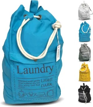 Teeo - Backpack Laundry Bag - College Dorm Essentials - Travel Laundry - Washable Laundry Bag - Backpack Large 25”X20” Drawstring 100% Sturdy Cotton Canvas, Hamper Storage Organizer (Blue)