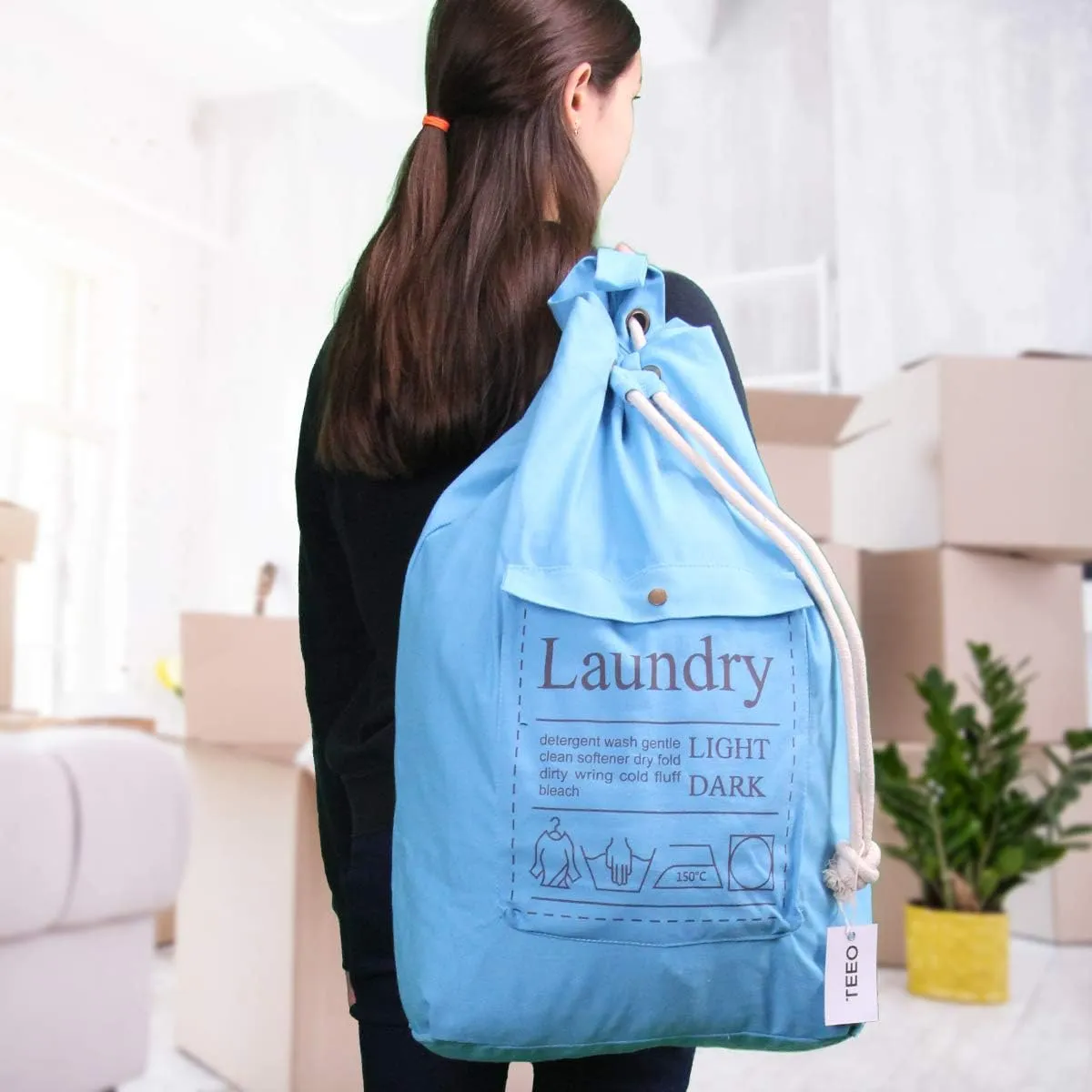 Teeo - Backpack Laundry Bag - College Dorm Essentials - Travel Laundry - Washable Laundry Bag - Backpack Large 25”X20” Drawstring 100% Sturdy Cotton Canvas, Hamper Storage Organizer (Blue)