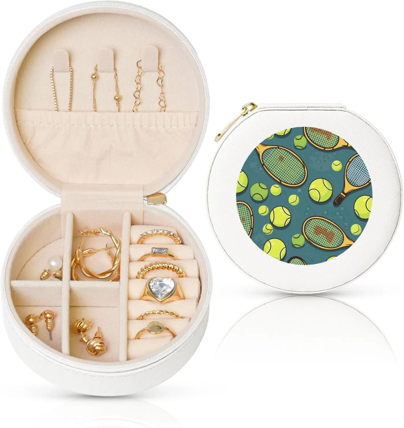 Tennis Racquets And Tennis Balls Jewelry Box Travel Jewelry Case Leather Small Jewelry Organizer For Womens Rings Necklaces Gifts White