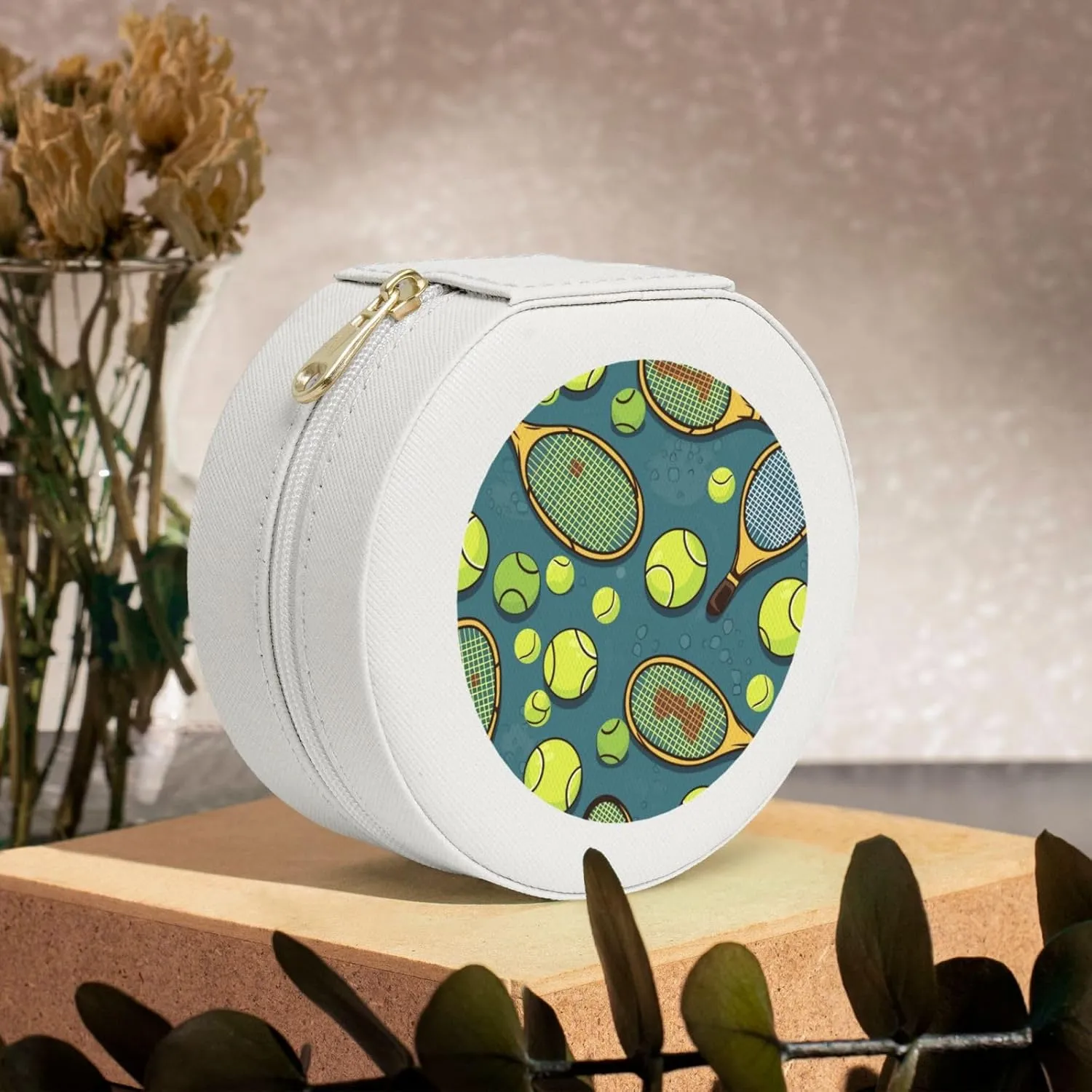 Tennis Racquets And Tennis Balls Jewelry Box Travel Jewelry Case Leather Small Jewelry Organizer For Womens Rings Necklaces Gifts White