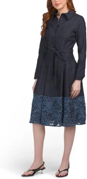 Teri Jon by Rickie Freeman Stretch Denim Lace Hem Shirt Dress in Dark Denim Size 16