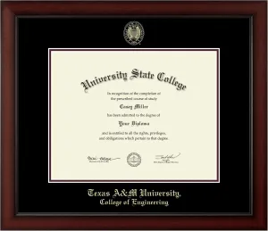 Texas A&M University College of Engineering 16"w x 12.5"h Diploma Frame - Fits a bachelor's, master's and phd - Gold Embossed Diploma Frame - Cherry Moulding with Black and Maroon Matting