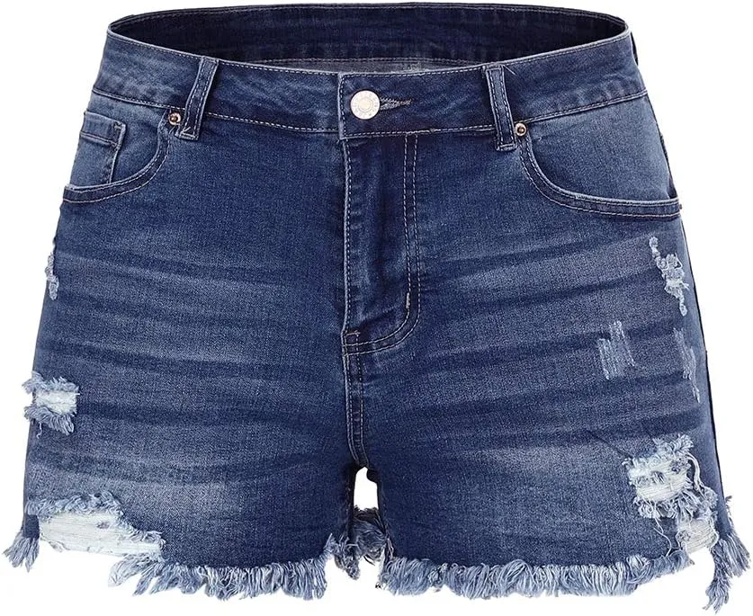 THUNDER STAR Women Mid Rise Ripped Stretchy Jeans Shorts Frayed Raw Hem Casual Denim Shorts