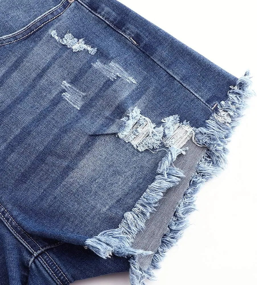 THUNDER STAR Women Mid Rise Ripped Stretchy Jeans Shorts Frayed Raw Hem Casual Denim Shorts