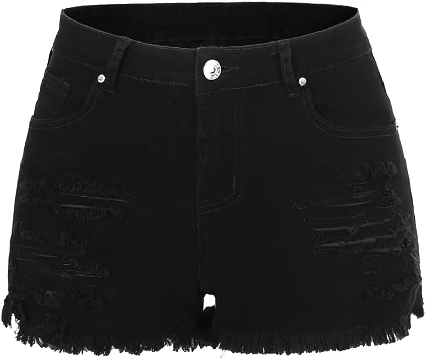 THUNDER STAR Women Mid Rise Ripped Stretchy Jeans Shorts Frayed Raw Hem Casual Denim Shorts