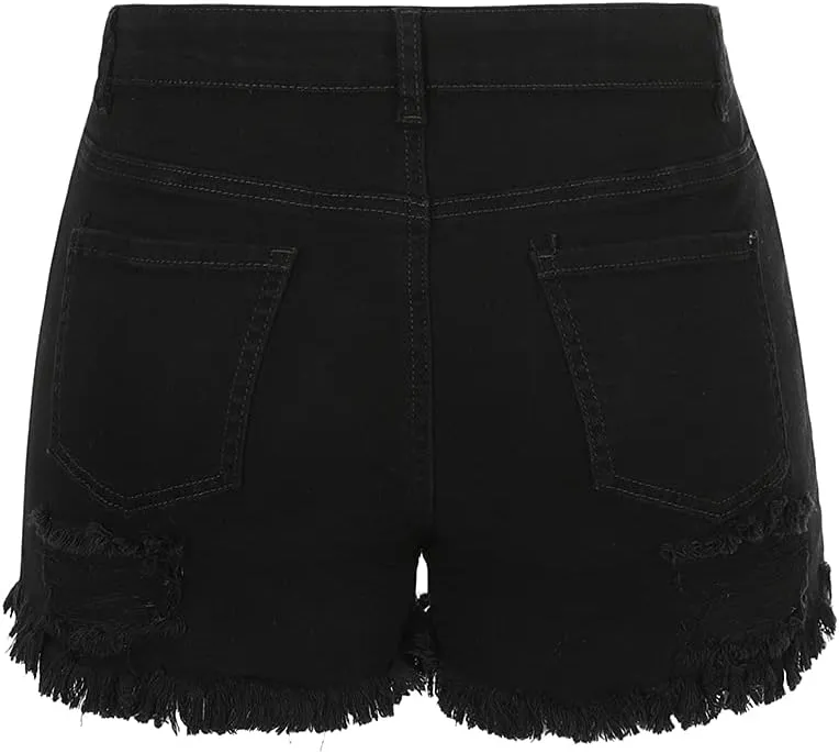 THUNDER STAR Women Mid Rise Ripped Stretchy Jeans Shorts Frayed Raw Hem Casual Denim Shorts