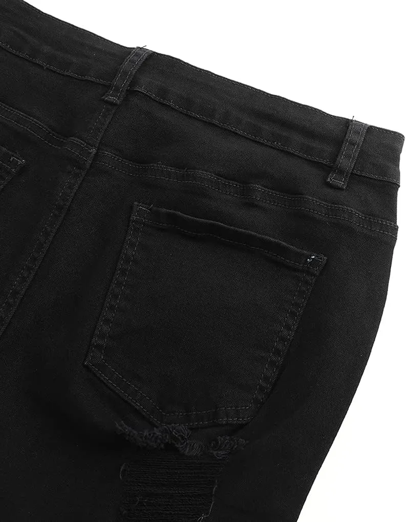 THUNDER STAR Women Mid Rise Ripped Stretchy Jeans Shorts Frayed Raw Hem Casual Denim Shorts