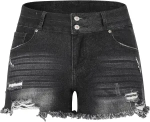 THUNDER STAR Women Mid Rise Ripped Stretchy Jeans Shorts Frayed Raw Hem Casual Denim Shorts