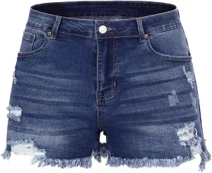 THUNDER STAR Women Mid Rise Ripped Stretchy Jeans Shorts Frayed Raw Hem Casual Denim Shorts