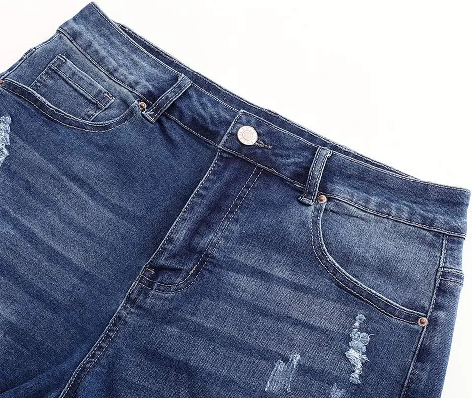 THUNDER STAR Women Mid Rise Ripped Stretchy Jeans Shorts Frayed Raw Hem Casual Denim Shorts