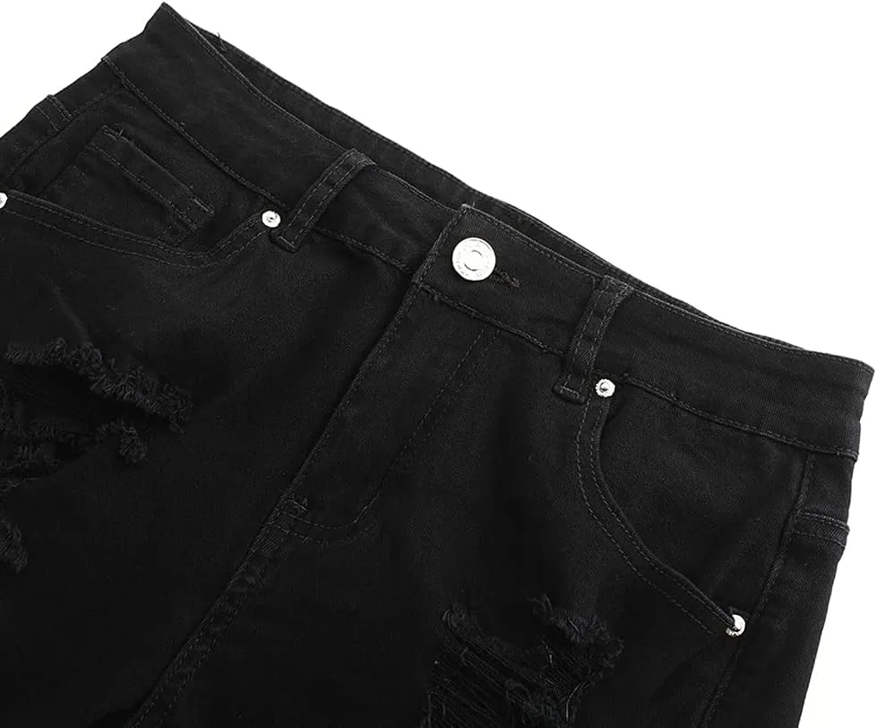 THUNDER STAR Women Mid Rise Ripped Stretchy Jeans Shorts Frayed Raw Hem Casual Denim Shorts