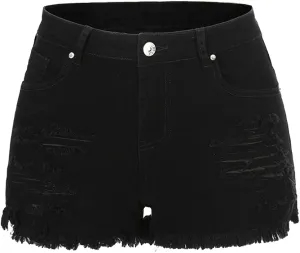 THUNDER STAR Women Mid Rise Ripped Stretchy Jeans Shorts Frayed Raw Hem Casual Denim Shorts
