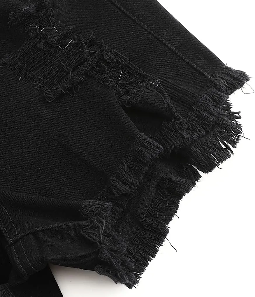 THUNDER STAR Women Mid Rise Ripped Stretchy Jeans Shorts Frayed Raw Hem Casual Denim Shorts