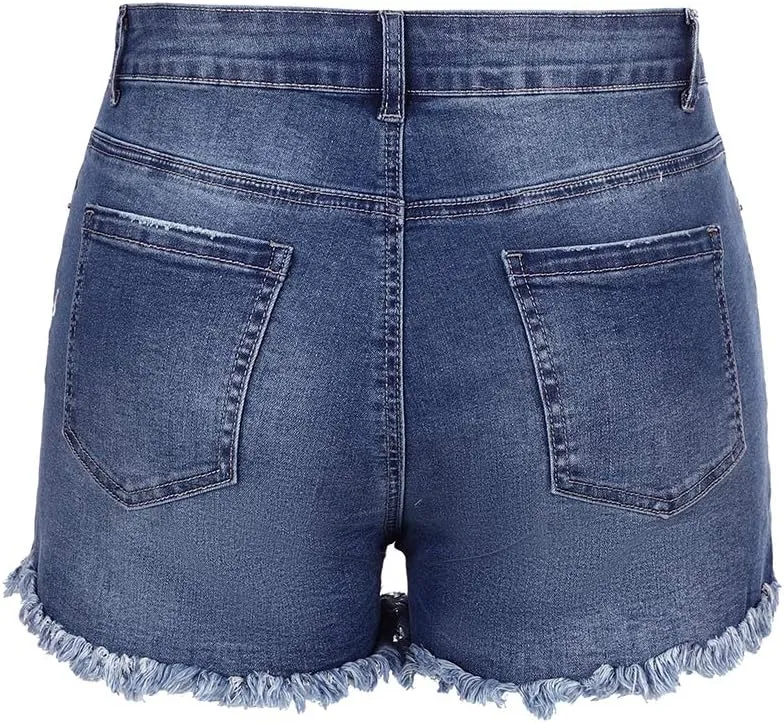 THUNDER STAR Women Mid Rise Ripped Stretchy Jeans Shorts Frayed Raw Hem Casual Denim Shorts