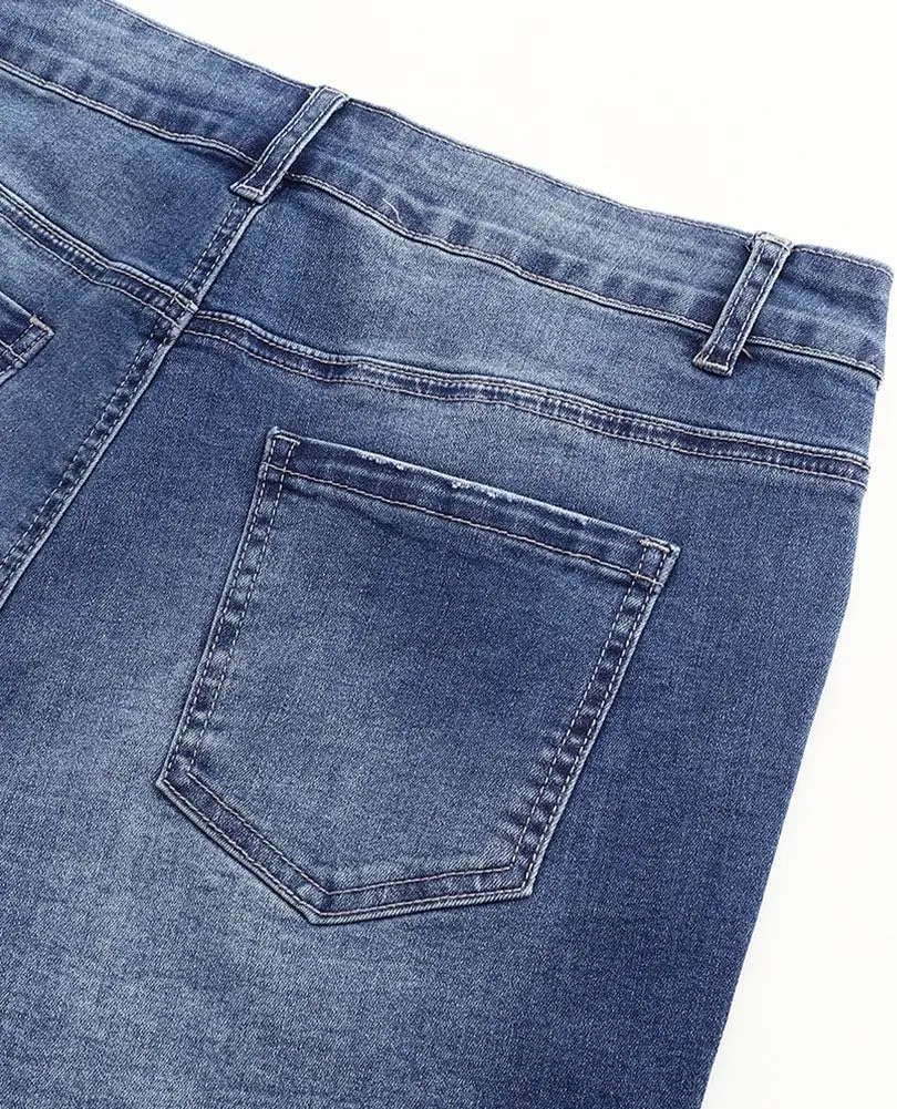 THUNDER STAR Women Mid Rise Ripped Stretchy Jeans Shorts Frayed Raw Hem Casual Denim Shorts