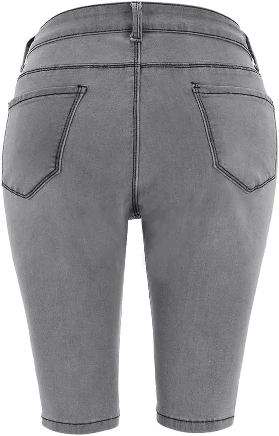 THUNDER STAR Womens Denim Ripped Bermuda Shorts Distressed Knee Length Stretch Short Jeans