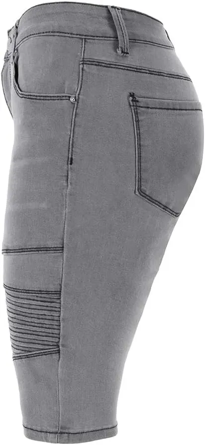 THUNDER STAR Womens Denim Ripped Bermuda Shorts Distressed Knee Length Stretch Short Jeans