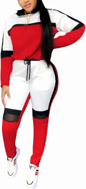 ThusFar Women's Casual Sweatsuit Two Piece Outfits Patchwork Net Color Block Pocket Hooded Top Pant Set Jogger Tracksuit