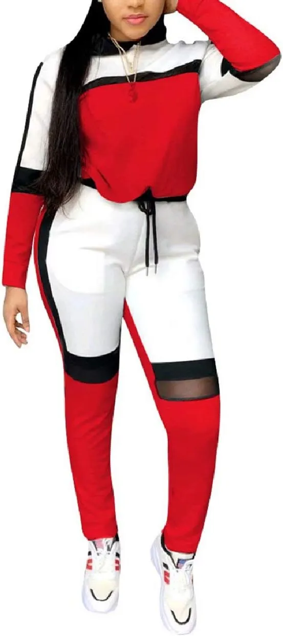 ThusFar Women's Casual Sweatsuit Two Piece Outfits Patchwork Net Color Block Pocket Hooded Top Pant Set Jogger Tracksuit