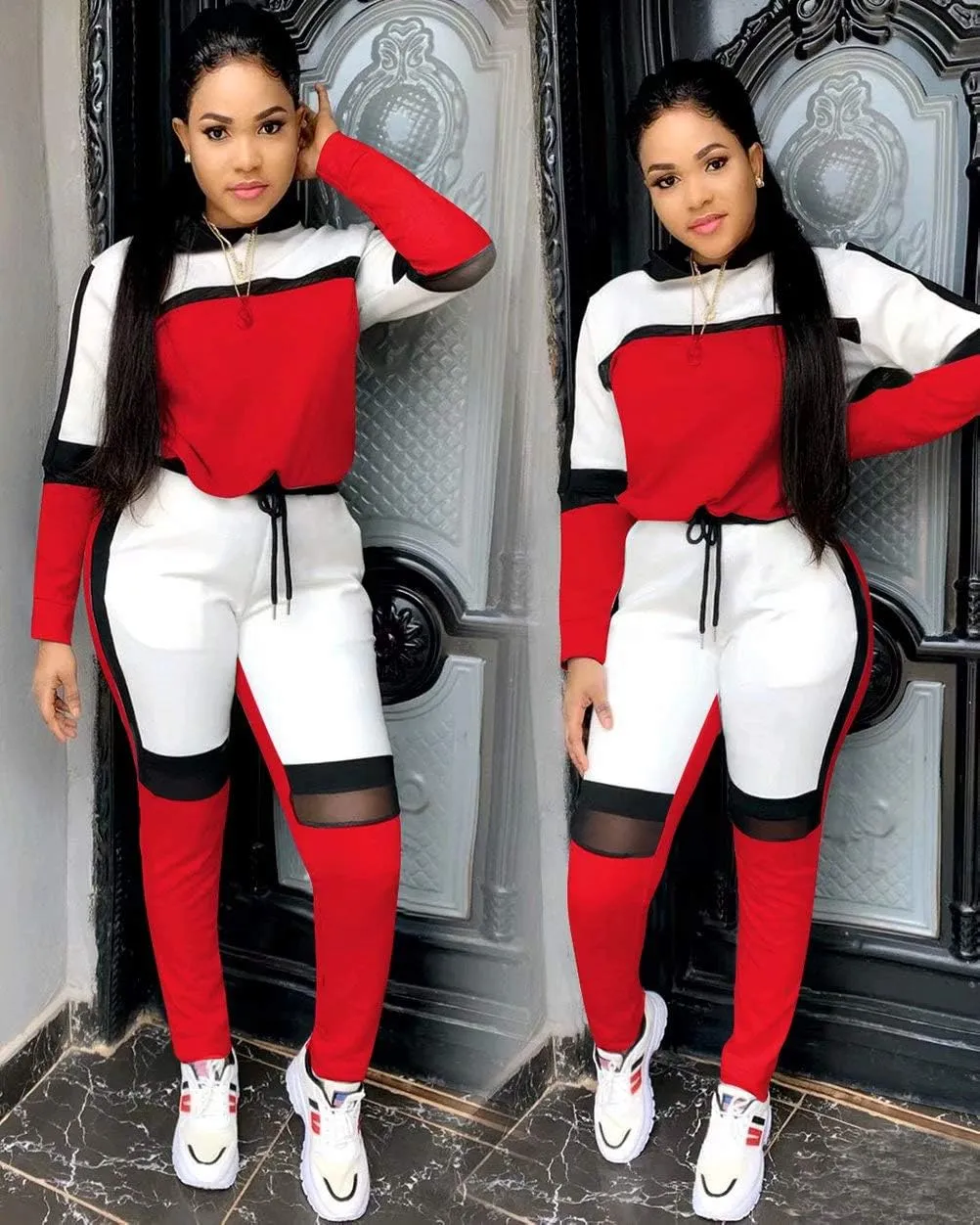 ThusFar Women's Casual Sweatsuit Two Piece Outfits Patchwork Net Color Block Pocket Hooded Top Pant Set Jogger Tracksuit